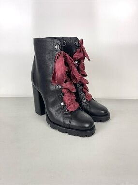 Schutz Zara Black Leather Lace Up Heeled Ankle Booties Chunky Lug Sole Size 9.5B